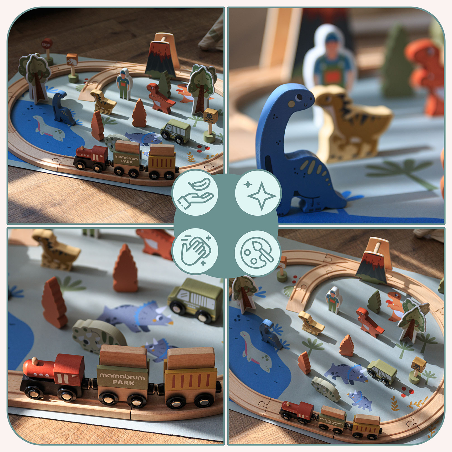 Dino Park Holzeisenbahn mit Antirutschmatte - Dinosaurier, Zug, Gleise, Vulkan, Glocke