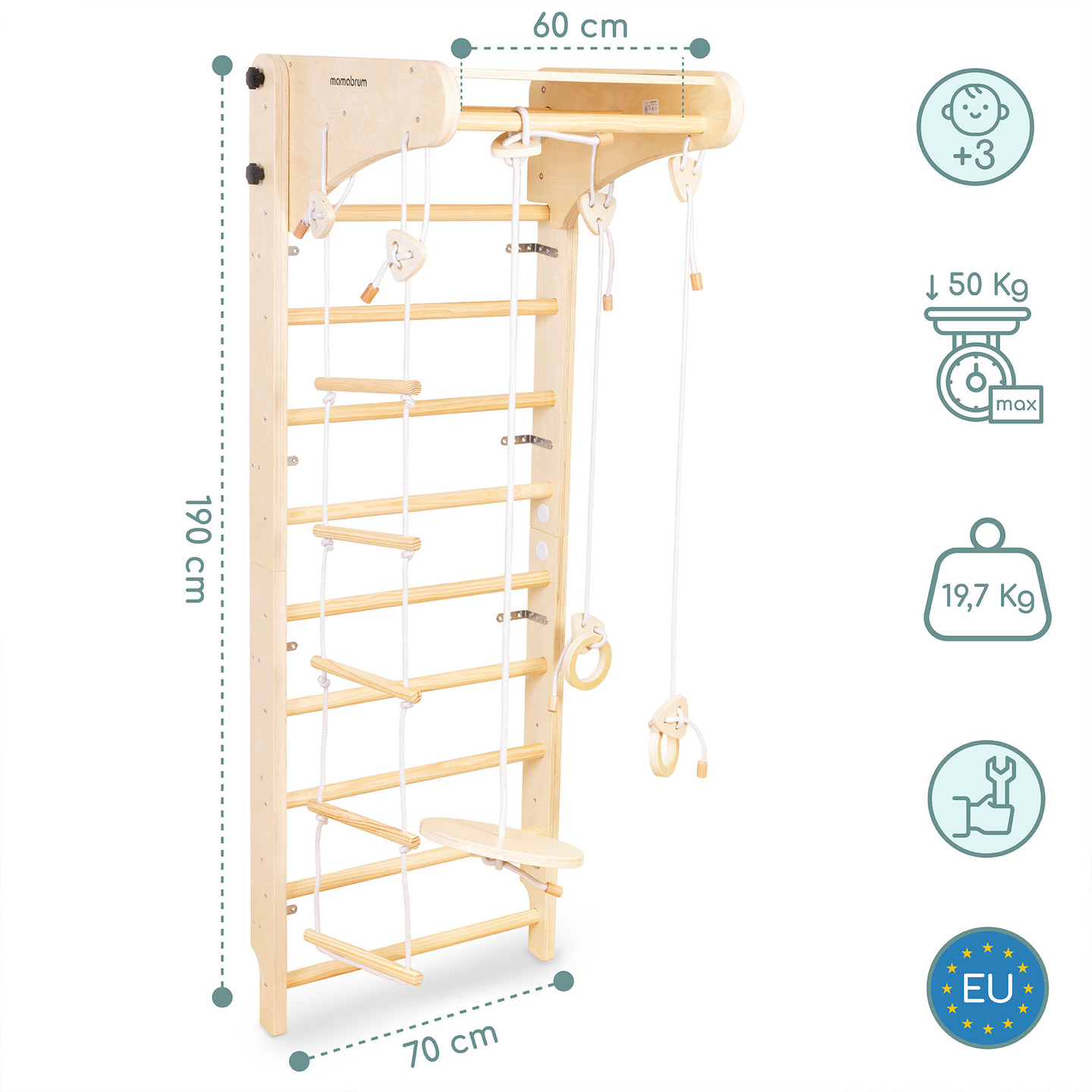 Holzturnleiter für Kinder mit Zubehör - einer Tellerschaukel, Turnringen und einer Strickleiter