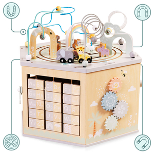 Großer Lernwürfel aus Holz – ein Montessori-Spielzeug mit Magnetzug und Motorschleifen