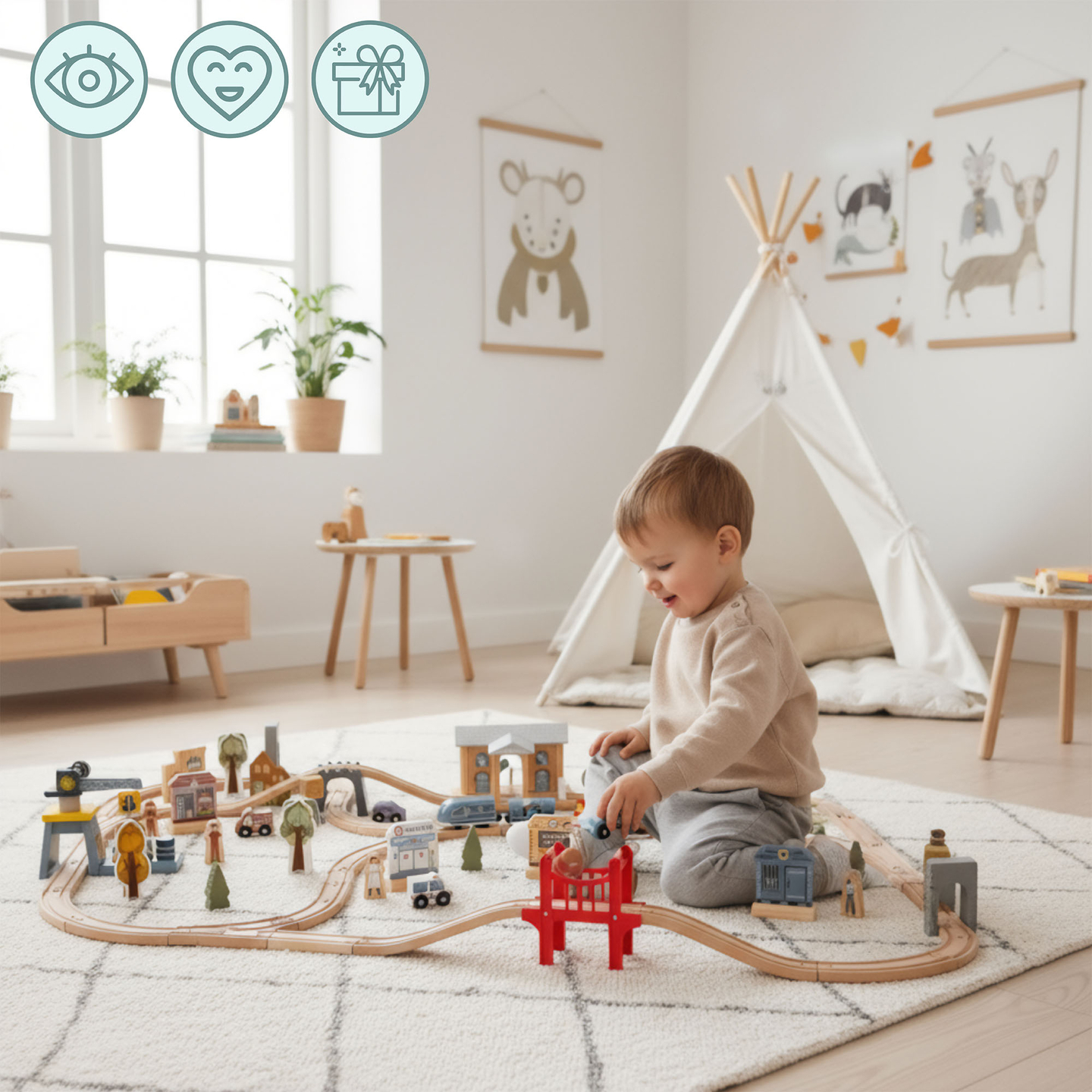 Hölzerne Stadteisenbahn mit elektrischer Lokomotive – beweglicher Kran, Schiff, Brücken