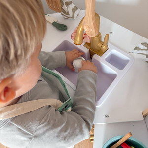 XXXXL große interaktive Holzküche mit LED-Beleuchtung, Waschmaschine, Mikrowelle, Kaffeemaschine und Obst- und Gemüseset - 50 Elemente