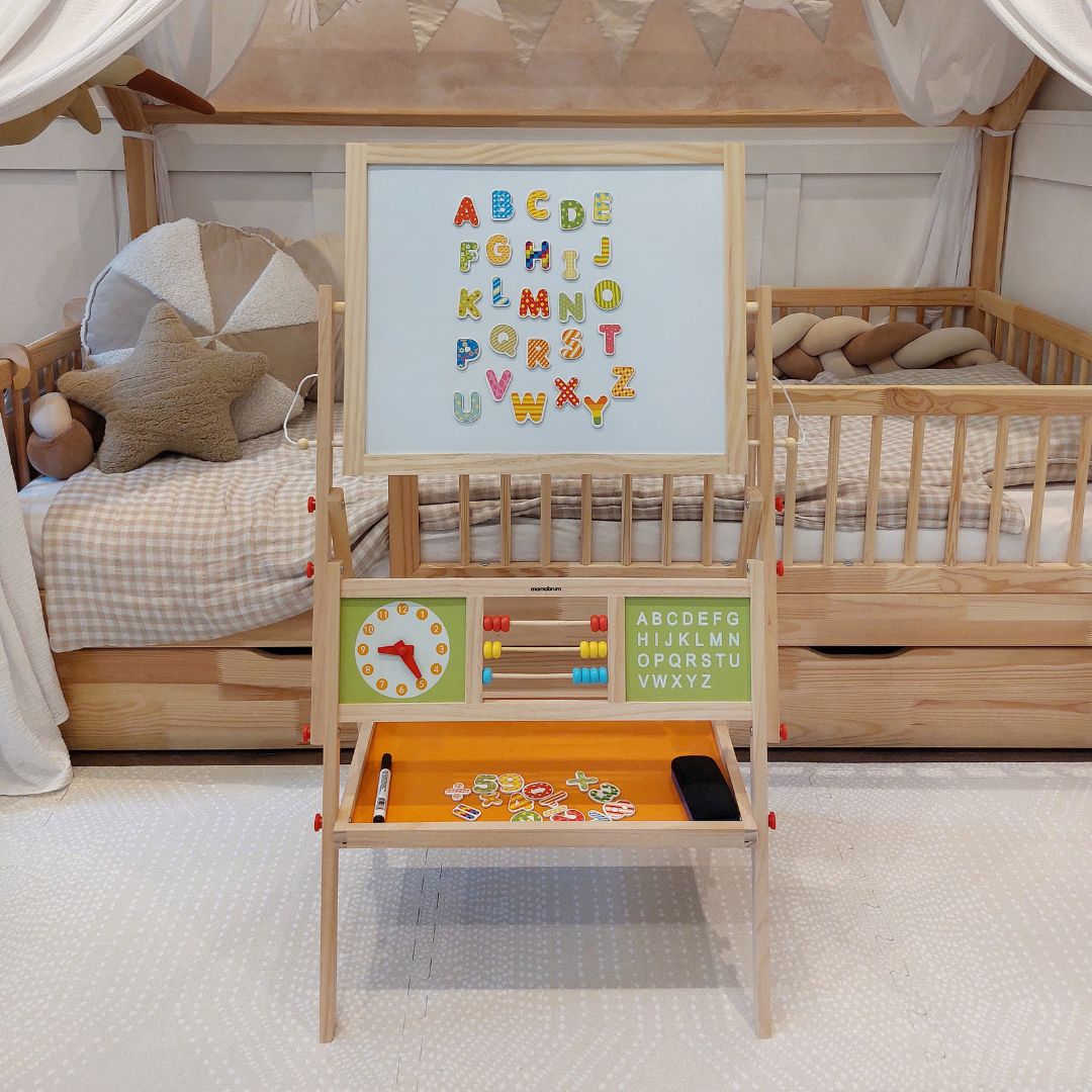 Große doppelseitige Lehrtafel: Magnet- und Kreidetafel - Trockenlöschtafel, Holz