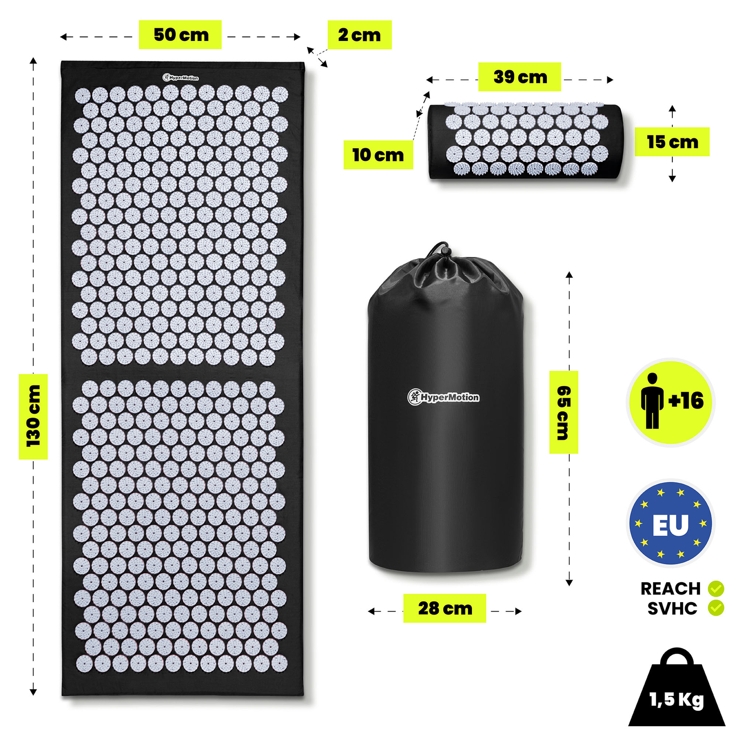 Große Akupressurmatte mit Kissen und Bezug – 130 cm HyperMotion schwarz-weiß