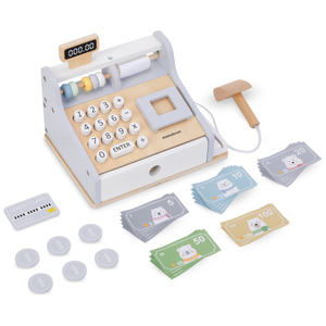 Hölzerne Registrierkasse mit Zubehör