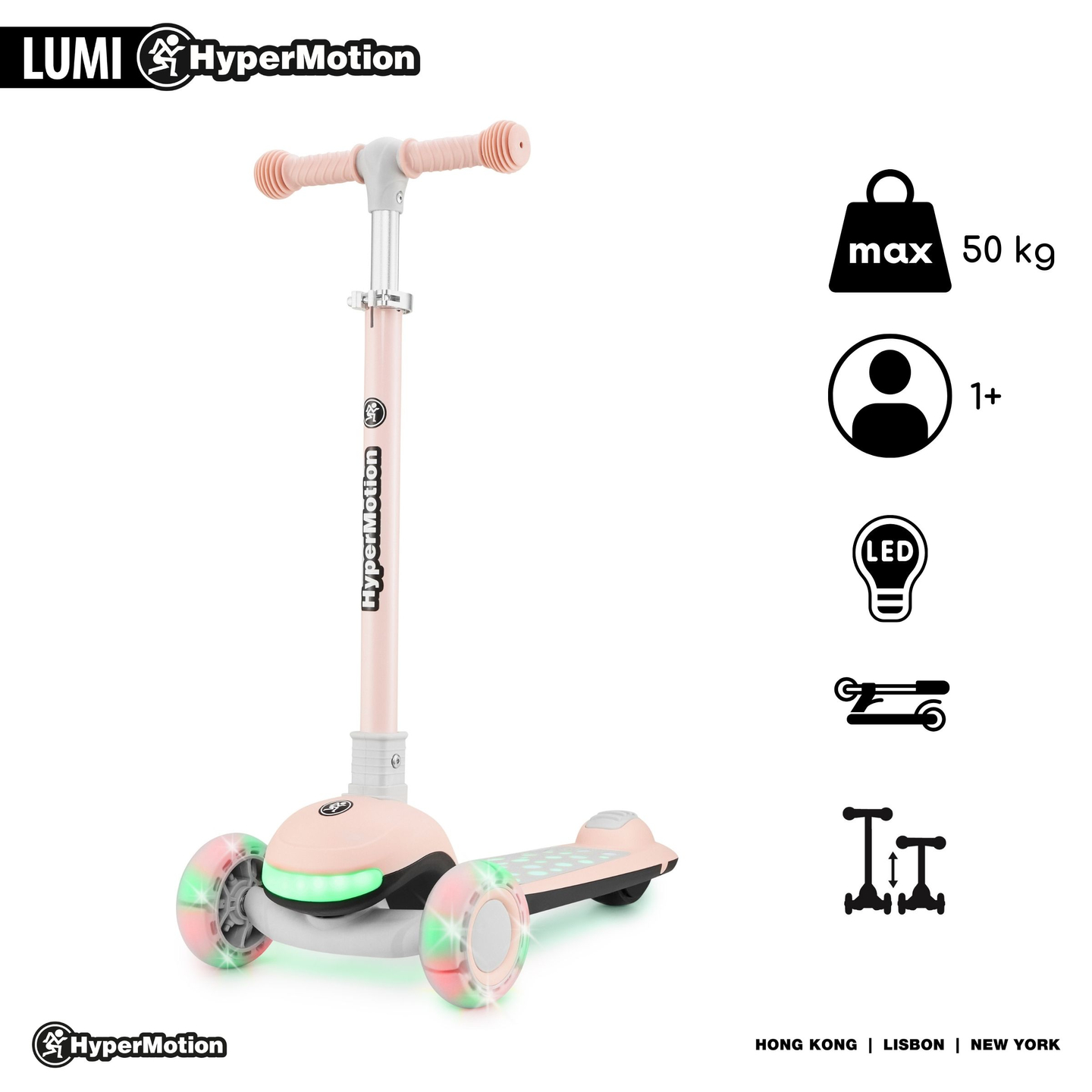 HyperMotion LUMI 3-in-1 Balance Scooter - beleuchtete Plattform und LED-Räder, Farbe rosa