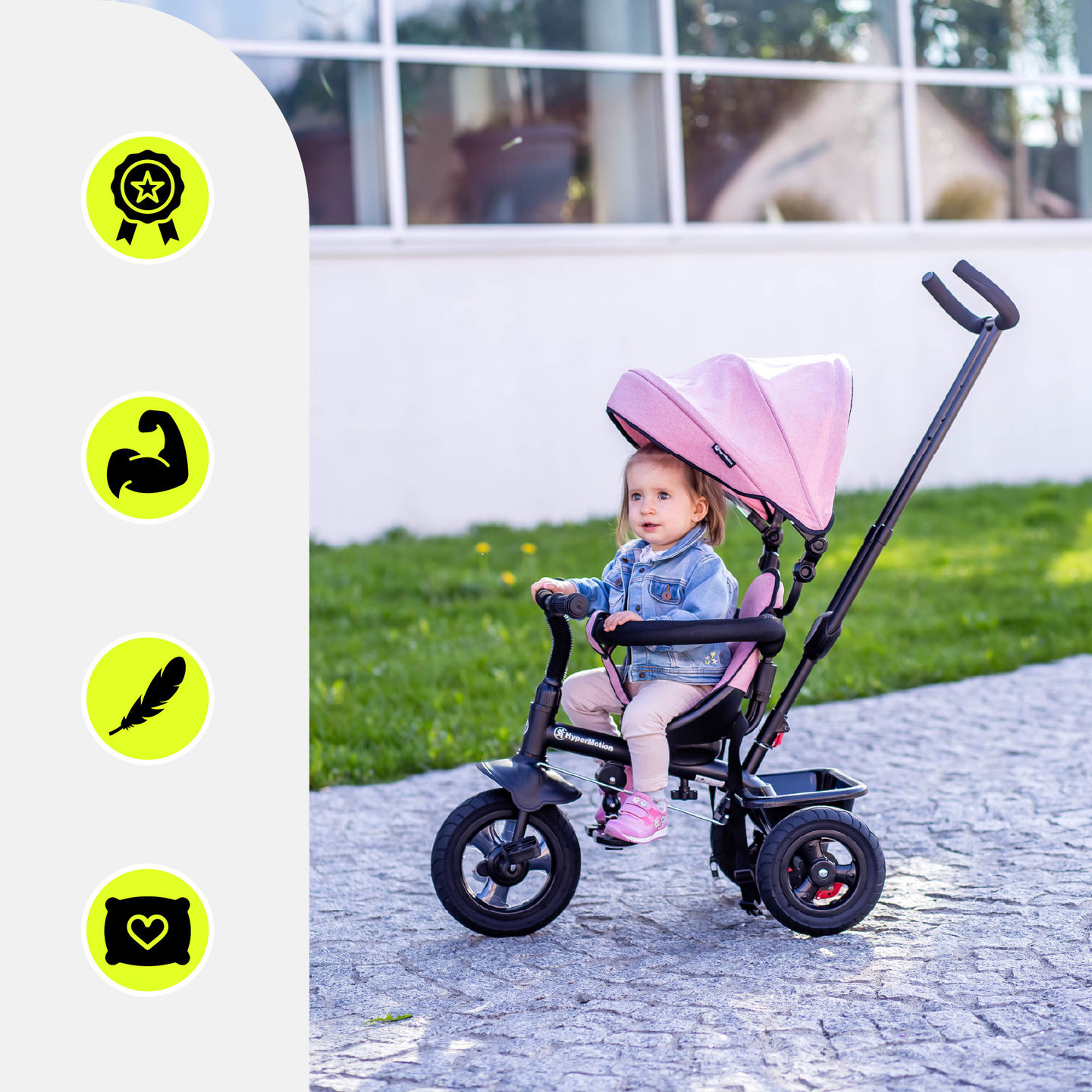 Dreirad für Kinder 1-4 Jahre - TOBI FREY - rosa Farbe - drehbar - gepumpte Räder + Schieber