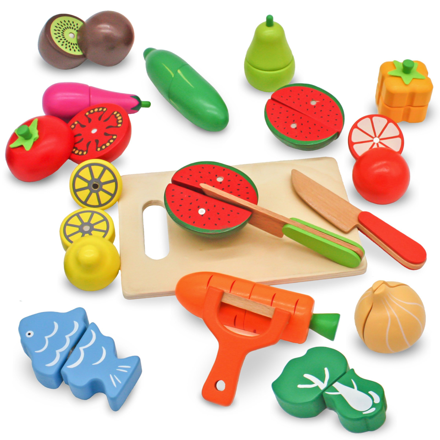 Obst und Gemüse aus Holz zum Schneiden