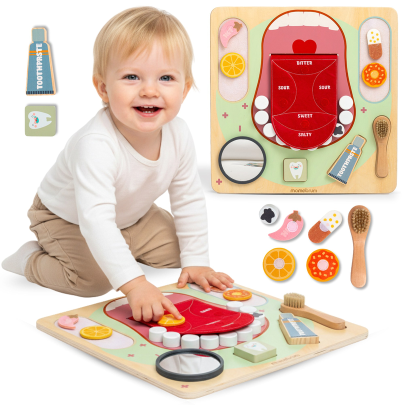 Montessori-Lerntafel aus Holz „Kleiner Zahnarzt“ – Zahnbürste, Zahnpasta, herausnehmbare Zähne, Spiegel, Essen, Lernaromen