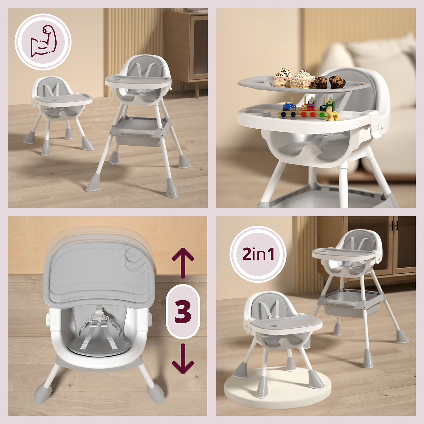 Moby-System Magnolia 2-in-1 verstellbarer Hochstuhl - grau