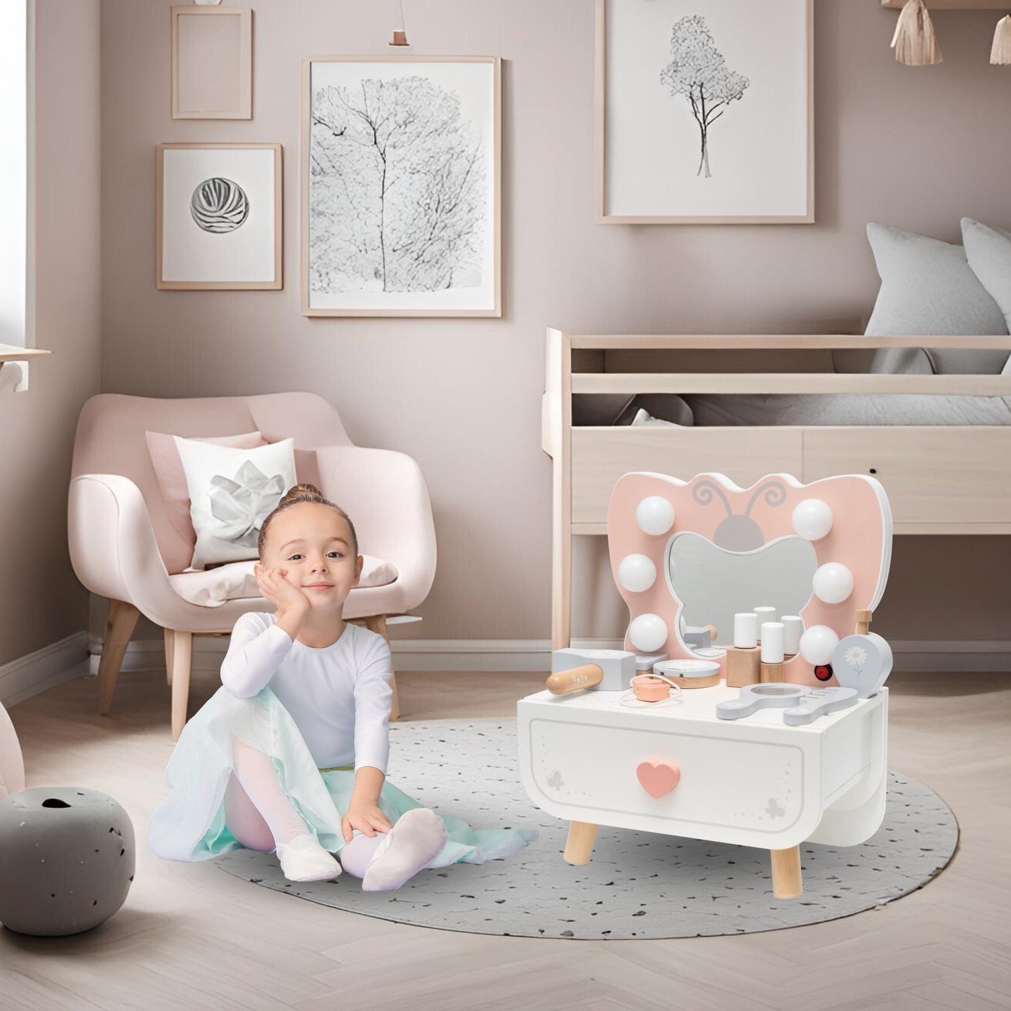 Mini-Schminktisch aus Holz mit LED-Beleuchtung - Butterfly