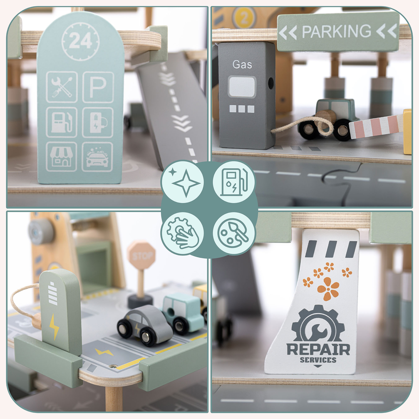 Dreistöckige Holzgarage für Kinder mit Zubehör – Parkplatz, Tankstelle, Autowaschanlage, Hubschrauber