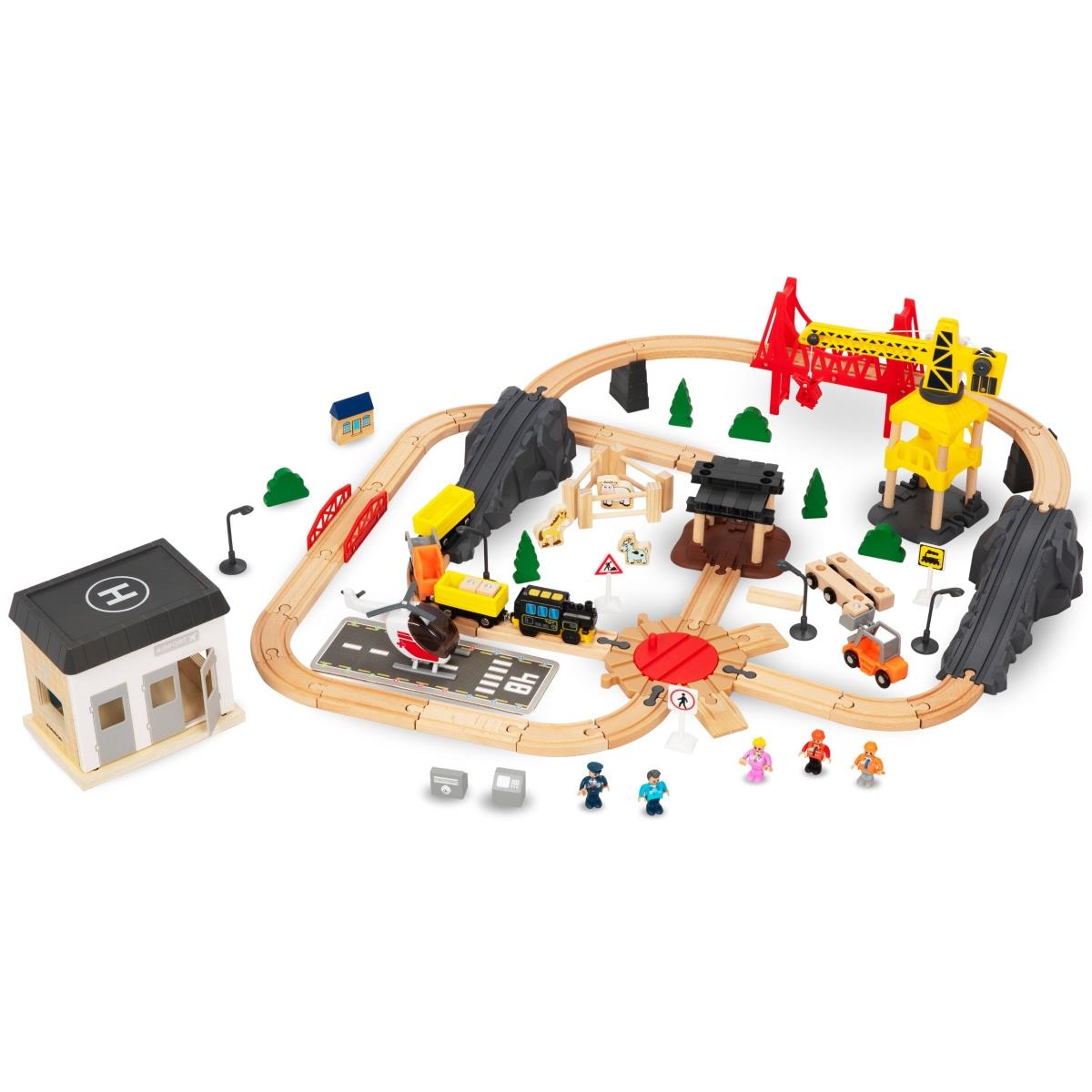 Holzeisenbahn, batteriebetriebener Zug – Stadt: Gleise, Autos, Brücke, Flughafen