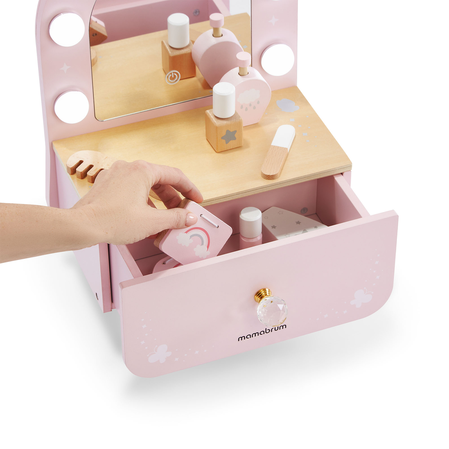 Mini-Schminktisch aus Holz für Kinder mit Accessoires und LED-Beleuchtung mit stufenloser Helligkeitsregulierung