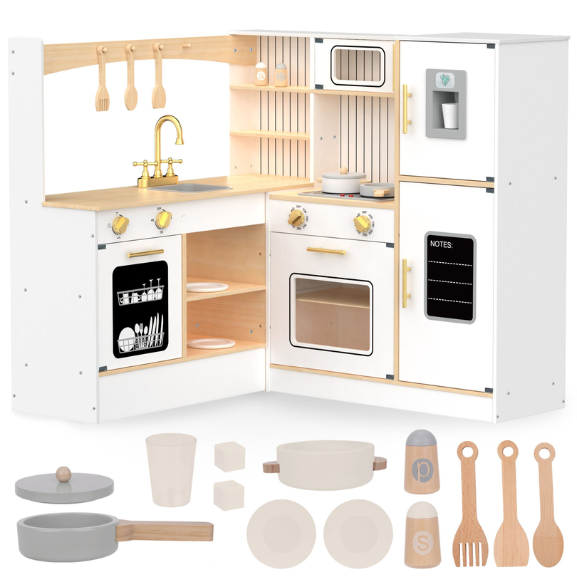 XXXL interaktive Holz-Eckküche mit Kühlschrank, Mikrowelle, Backofen, Geschirrspüler und Zubehör - weiß