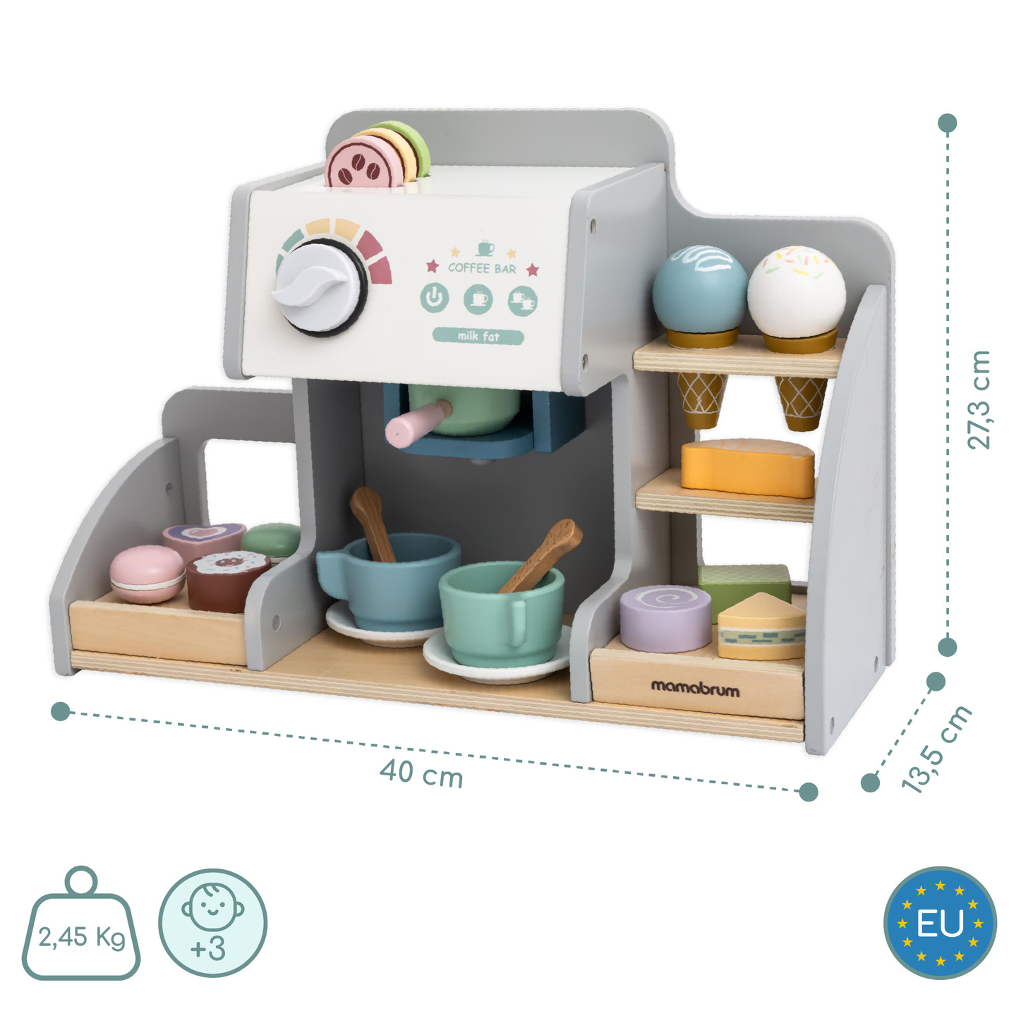 Ein großes Holzcafé und eine Eisdiele mit Magnettafel, Kaffeemaschine und Eis- und Dessertset - über 70 Teile!