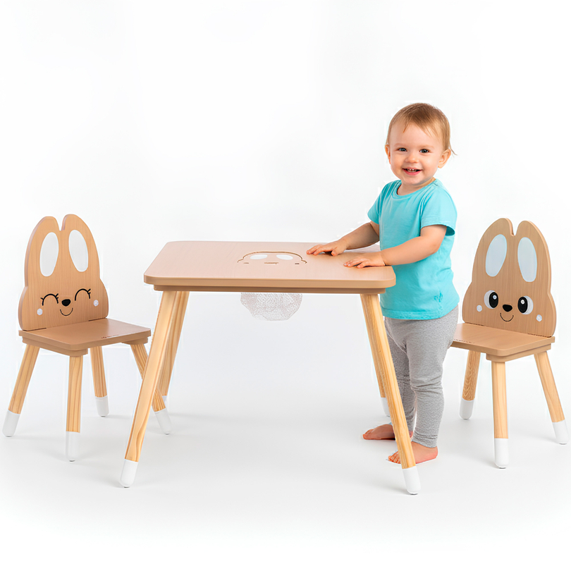Holztisch mit Stauraum und 2 Stühlen Kinderset - Süßes Kaninchen