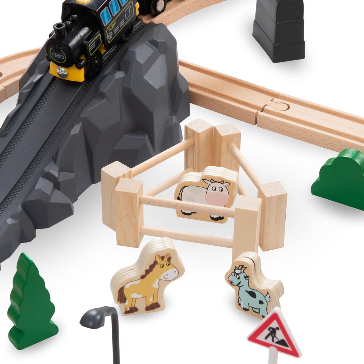 Holzeisenbahn, batteriebetriebener Zug – Stadt: Gleise, Autos, Brücke, Flughafen