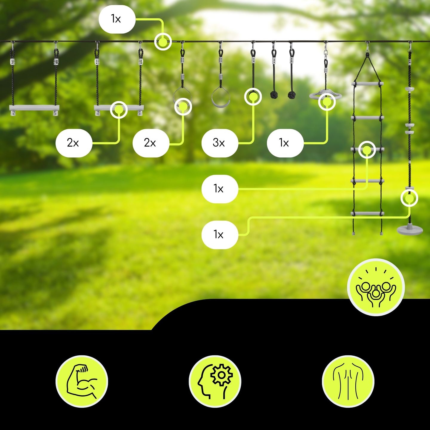 Ninja-Hindernislauf für Kinder - HyperMotion Slackline-Set - 10 Hindernisse