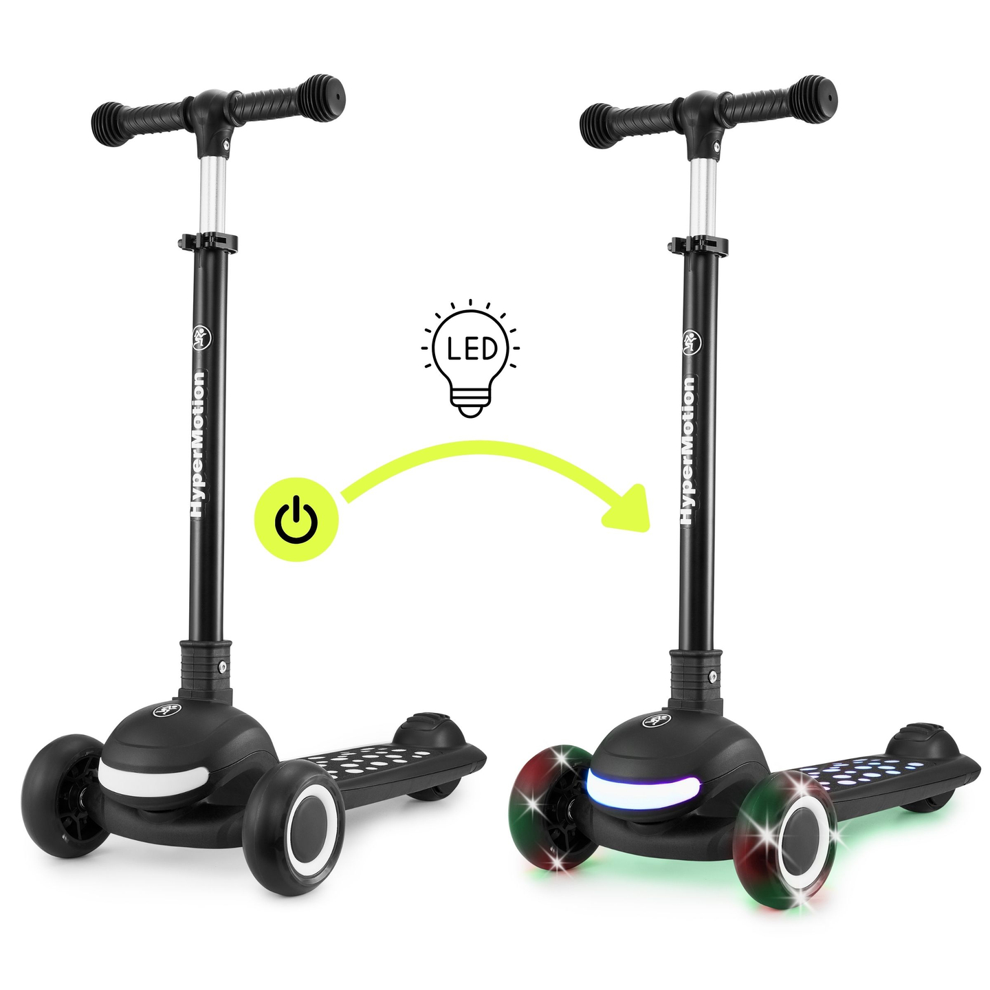 HyperMotion LUMI 3-in-1 Balance Scooter - beleuchtete Plattform und LED-Räder, Farbe schwarz