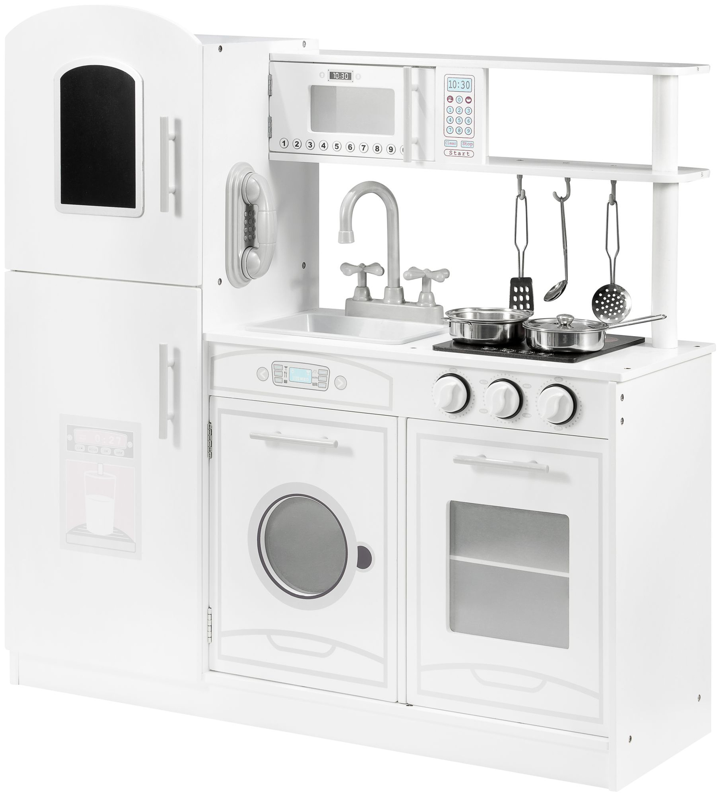 Großes weiße Küche aus Holz mit Zubehör und Schürze