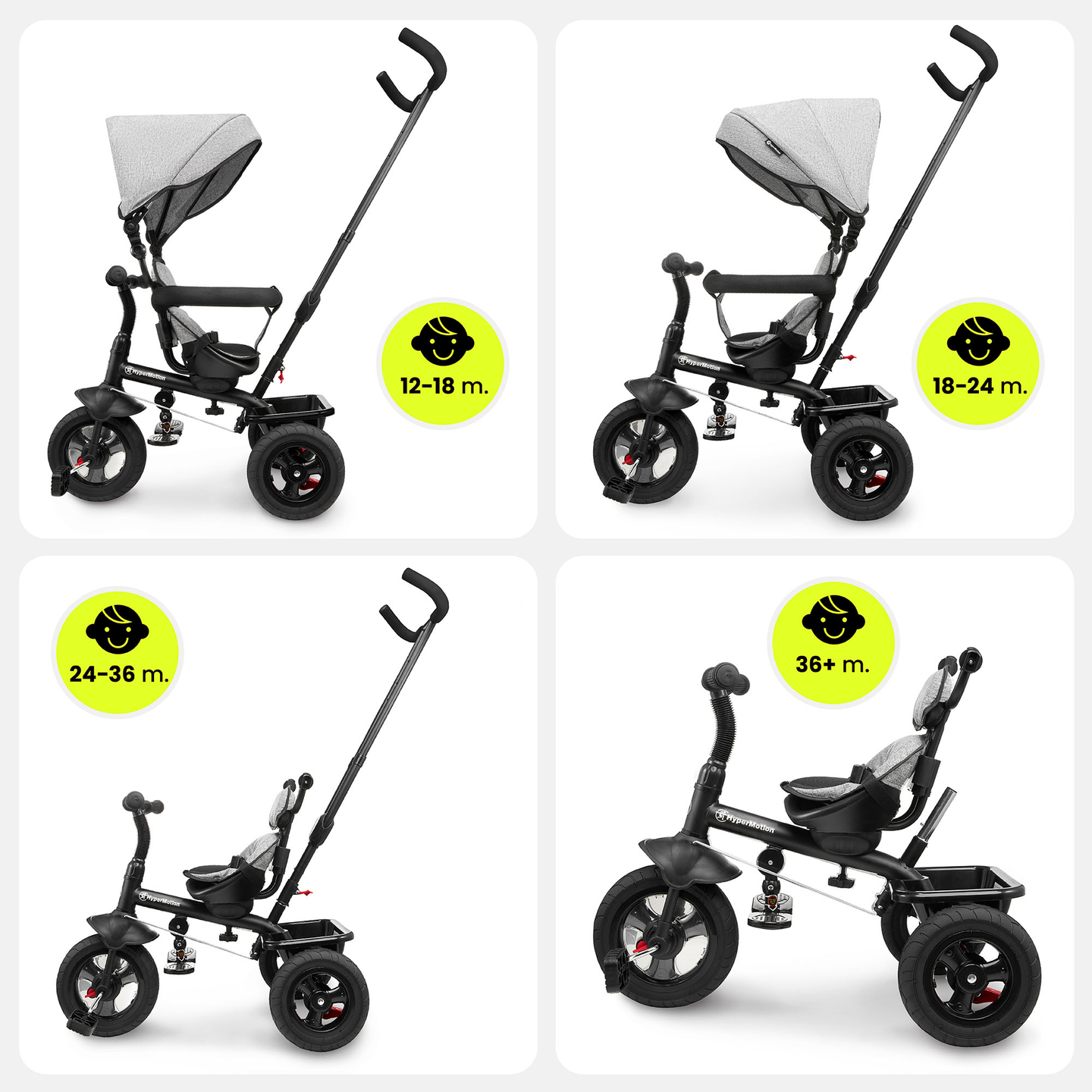 Dreirad für Kinder 1-4 Jahre - TOBI FREY - Farbe grau - drehbar - gepumpte Räder + Schieber