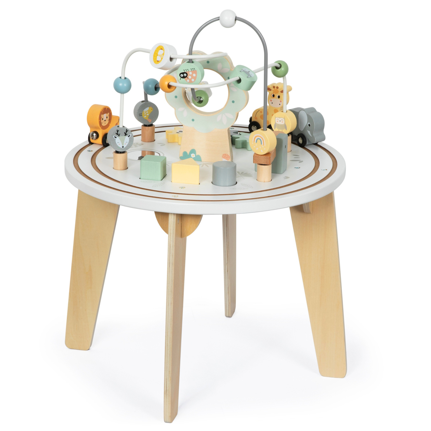 Runder Lerntisch aus Holz mit Magneteisenbahn und Perlenwerfer