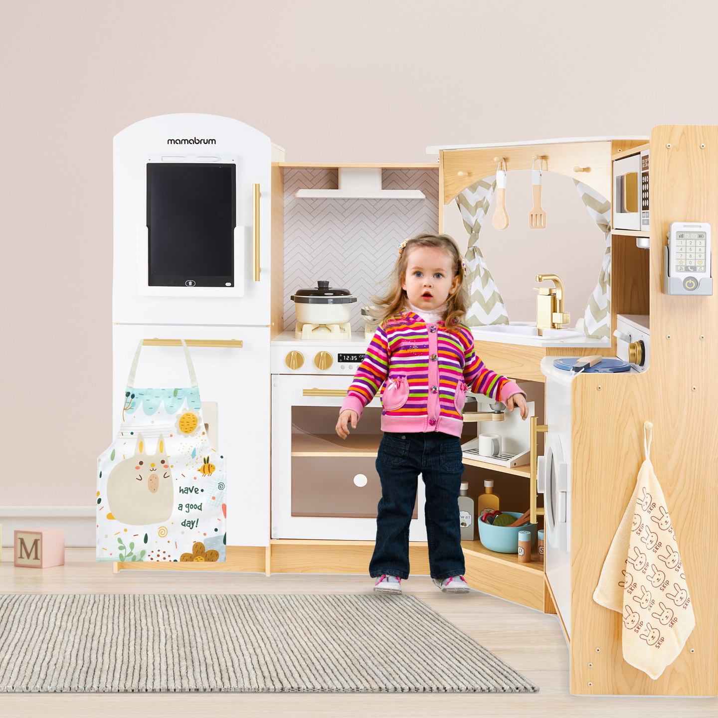 XXXXL große interaktive Holzküche mit LED-Beleuchtung, Waschmaschine, Mikrowelle, Kaffeemaschine und Obst- und Gemüseset - 50 Elemente