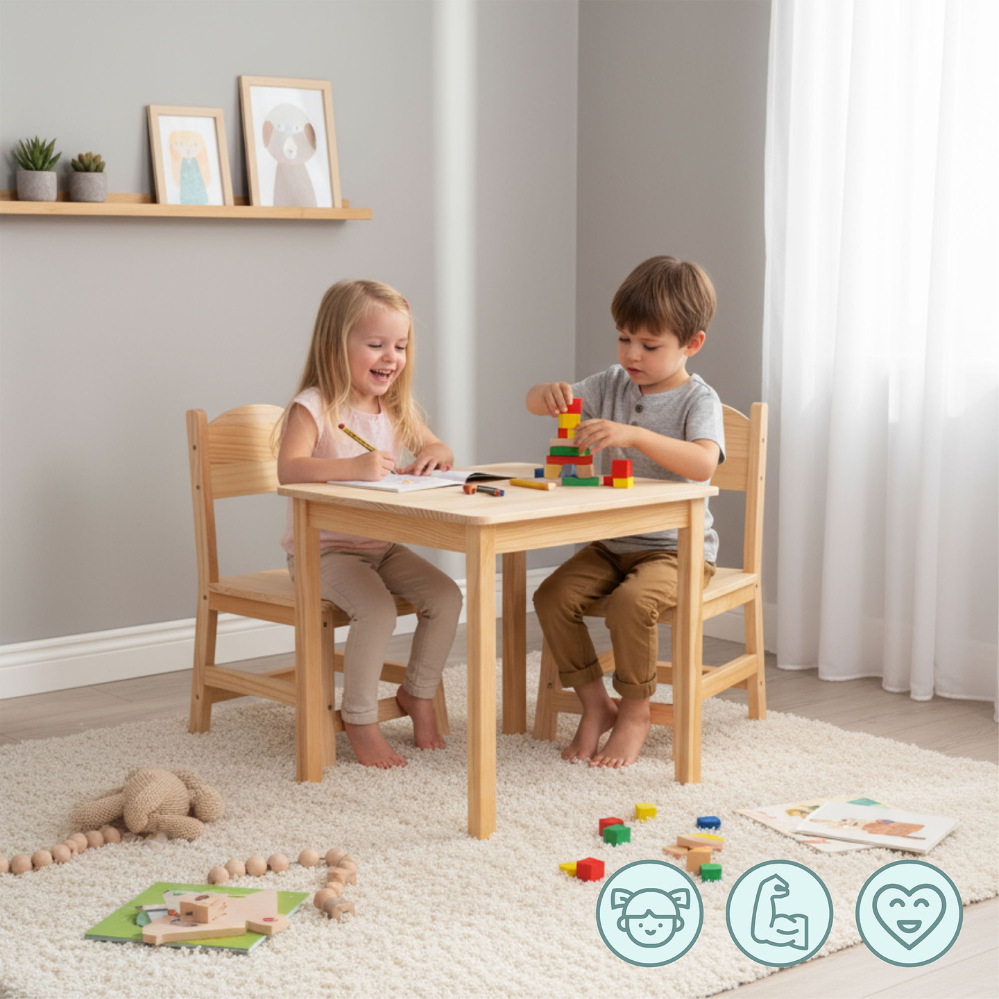 Holztisch und 2 Stühle - Set für Kinder