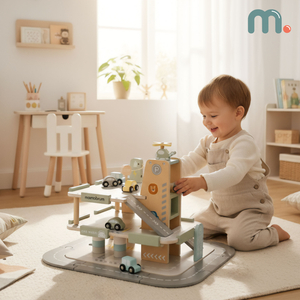 Dreistöckige Holzgarage für Kinder mit Zubehör – Parkplatz, Tankstelle, Autowaschanlage, Hubschrauber