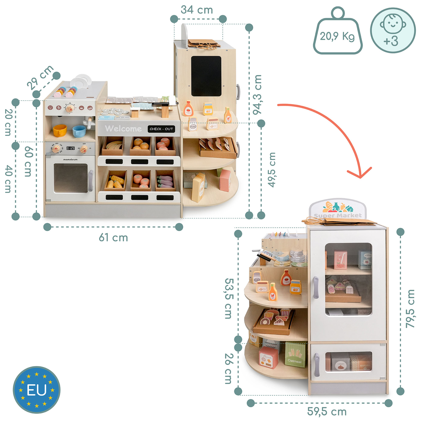 Großer XXXL-Holzladen für Kinder mit Schnellimbiss - Eckladen + Kaffeemaschine + Backofen + Kühlschrank - 106 ac.