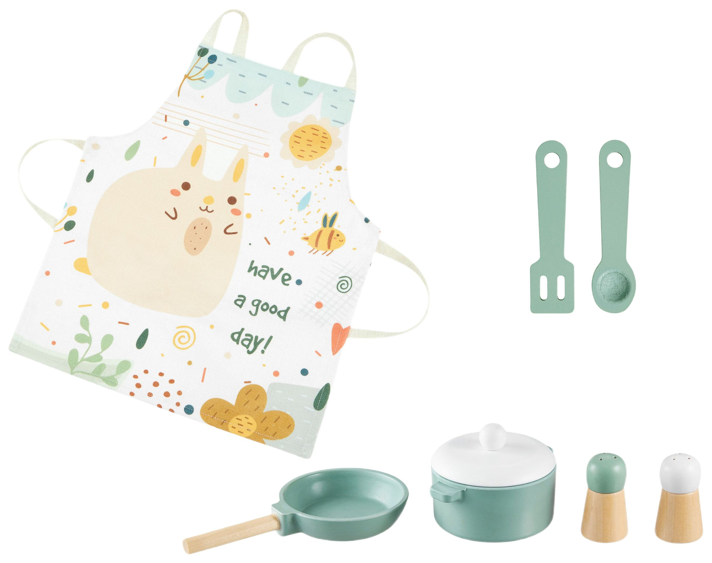 Holzküche mit Schürze, Zubehör und LED-Beleuchtung