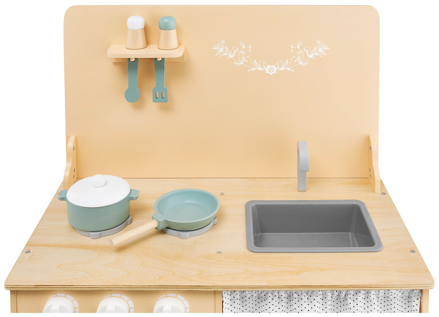 Holzküche mit Schürze, Zubehör und LED-Beleuchtung