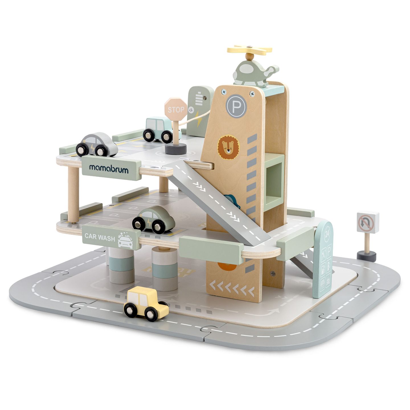 Dreistöckige Holzgarage für Kinder mit Zubehör – Parkplatz, Tankstelle, Autowaschanlage, Hubschrauber