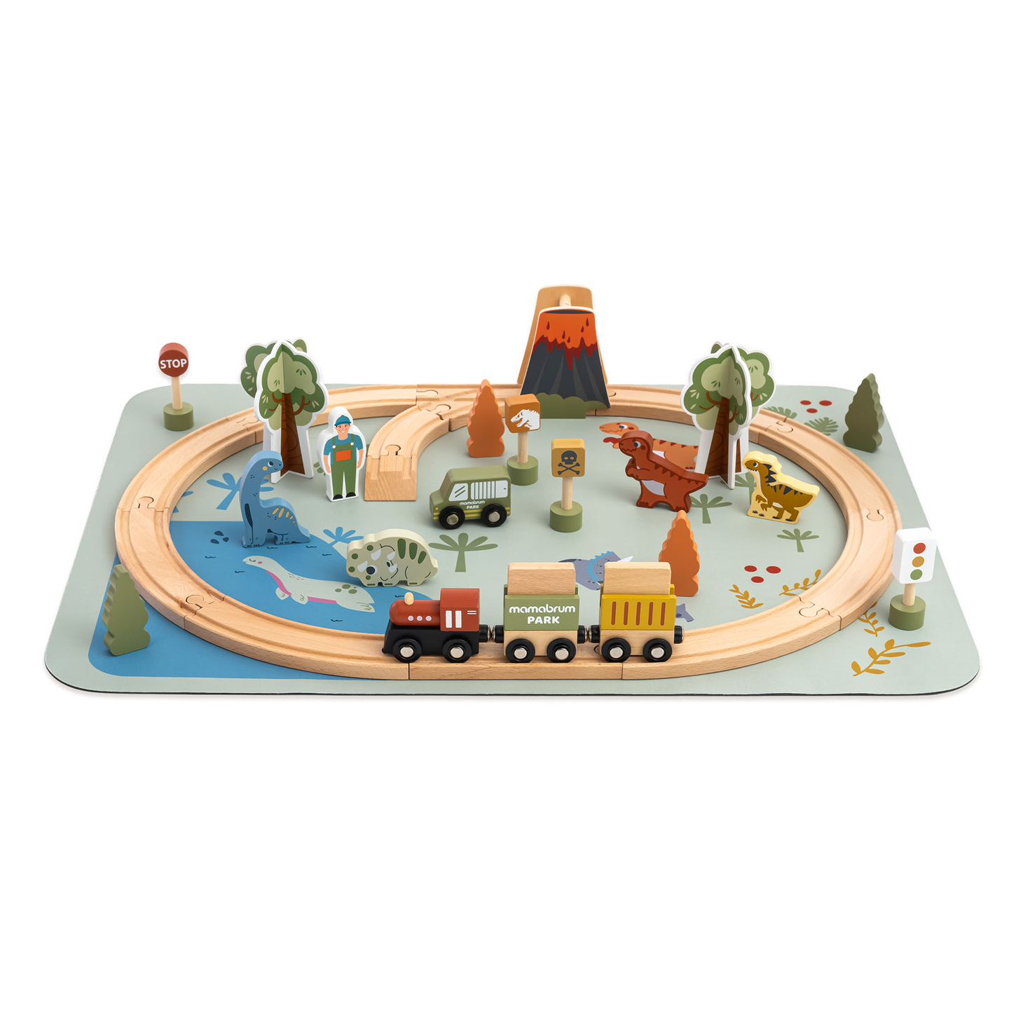 Dino Park Holzeisenbahn mit Antirutschmatte - Dinosaurier, Zug, Gleise, Vulkan, Glocke