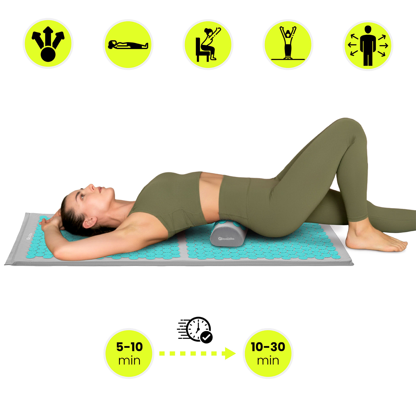 Große Akupressurmatte mit Kissen und Bezug – 130 cm HyperMotion grau-mint