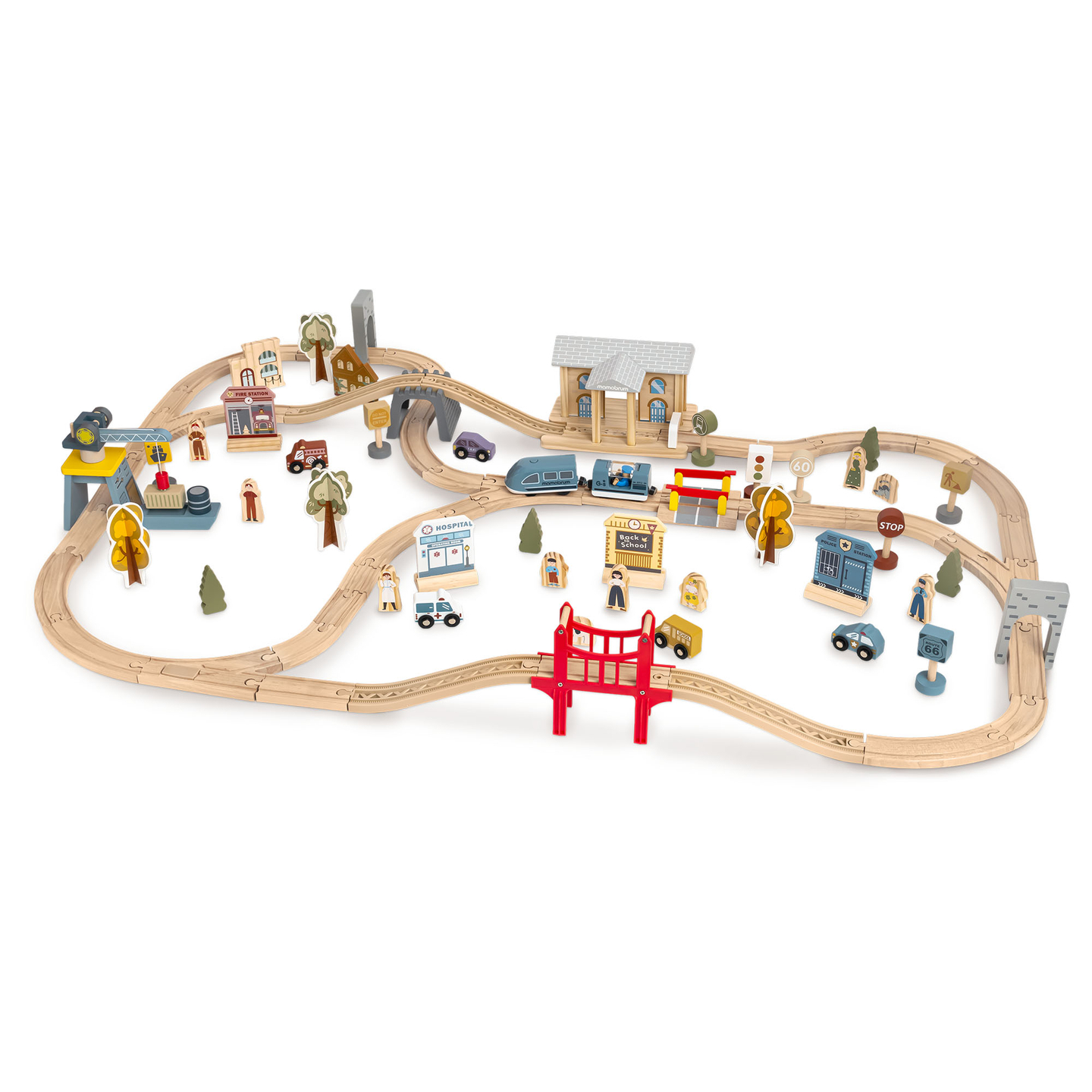 Hölzerne Stadteisenbahn mit elektrischer Lokomotive – beweglicher Kran, Schiff, Brücken