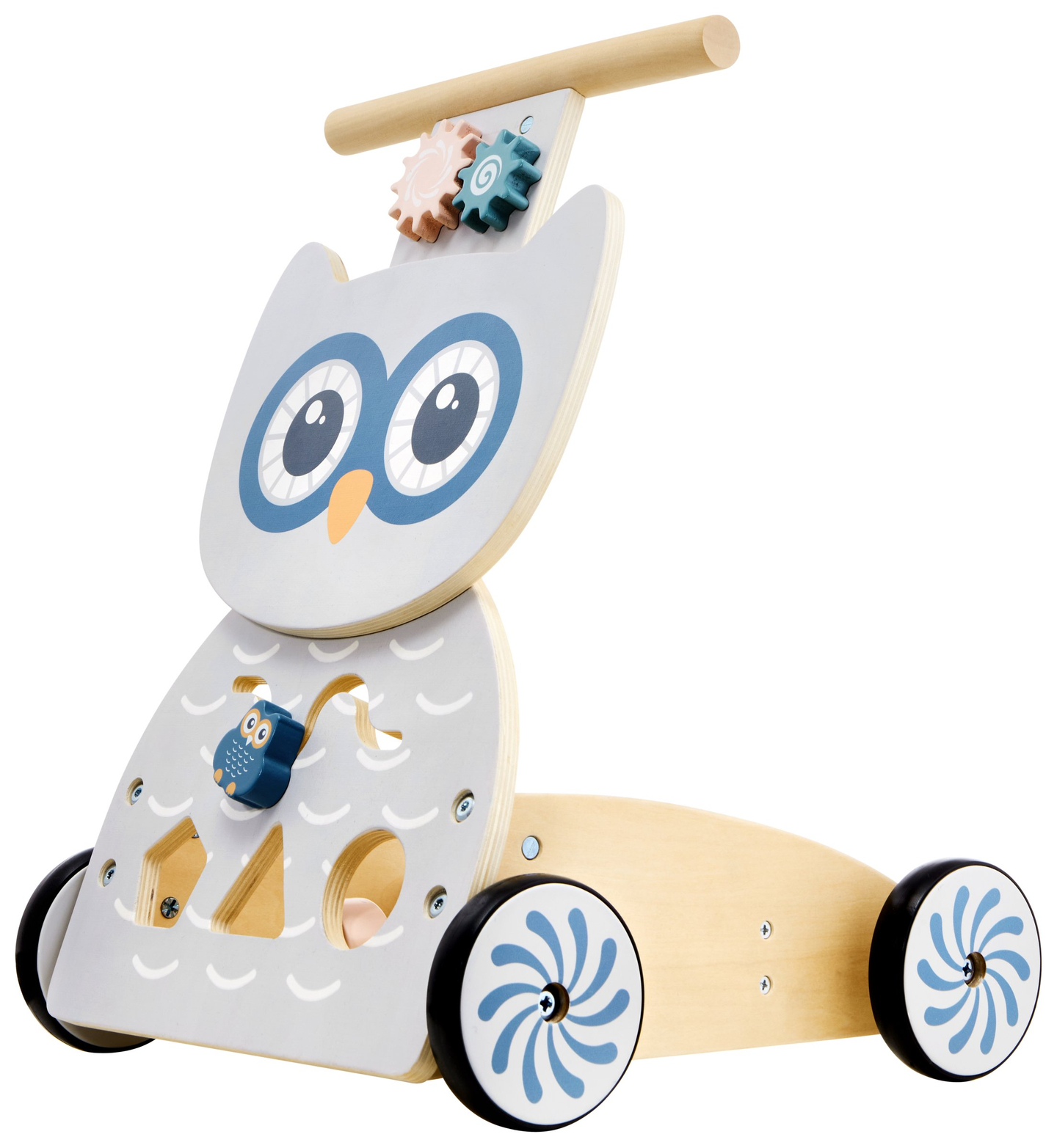 Multifunktionaler Lauflernwagen aus Holz - Schieber - Wagen mit Blöcken - Eule