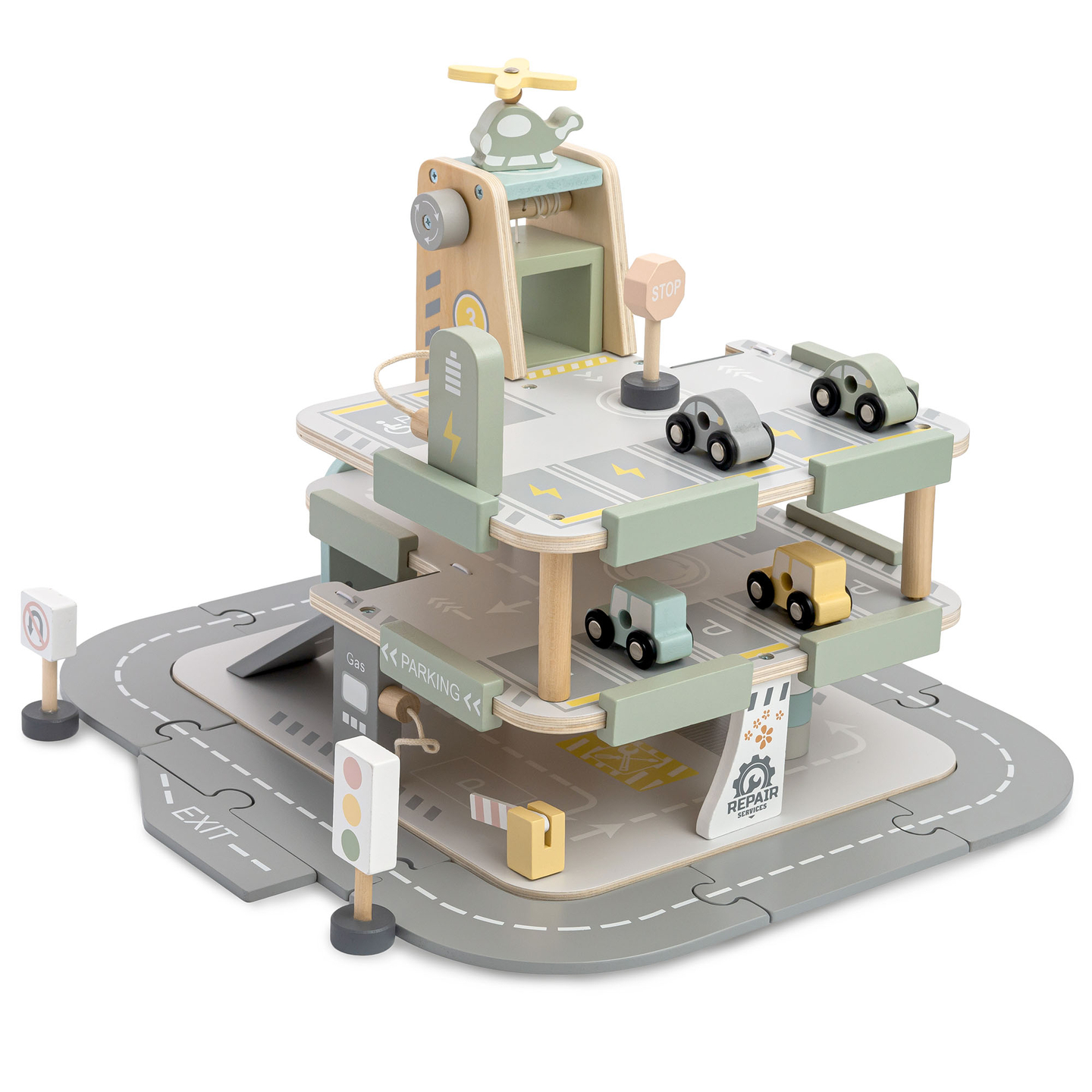 Dreistöckige Holzgarage für Kinder mit Zubehör – Parkplatz, Tankstelle, Autowaschanlage, Hubschrauber
