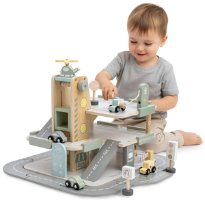 Dreistöckige Holzgarage für Kinder mit Zubehör – Parkplatz, Tankstelle, Autowaschanlage, Hubschrauber
