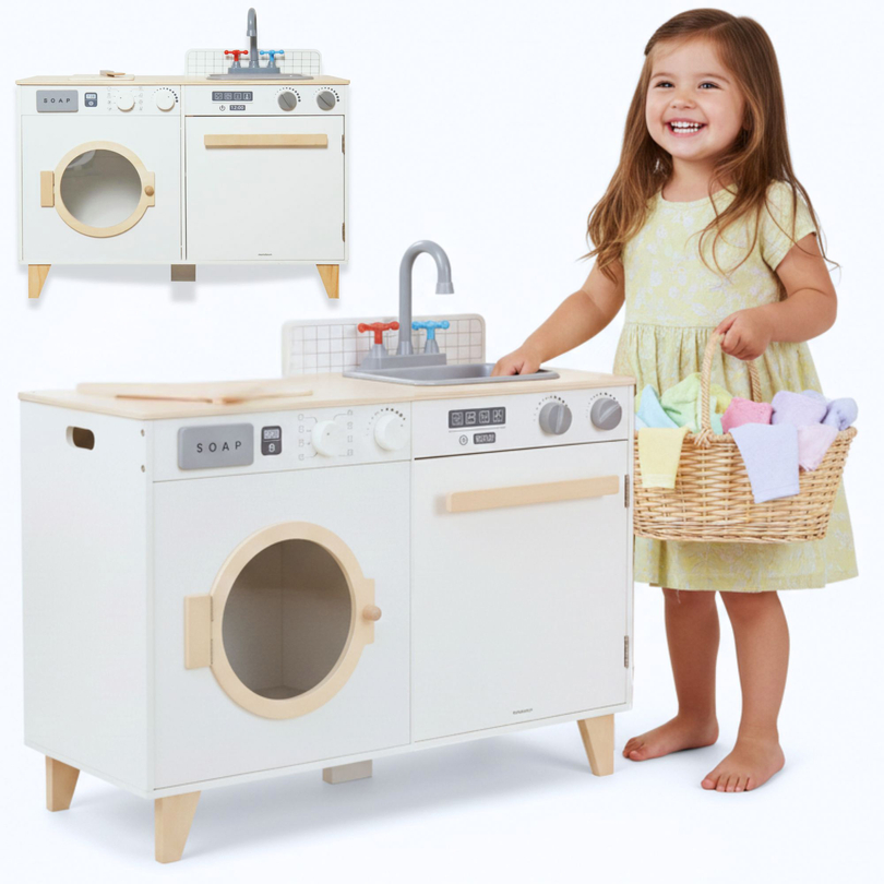 Wäsche und Küche aus Holz - 2-in-1-Haushaltsset für Kinder
