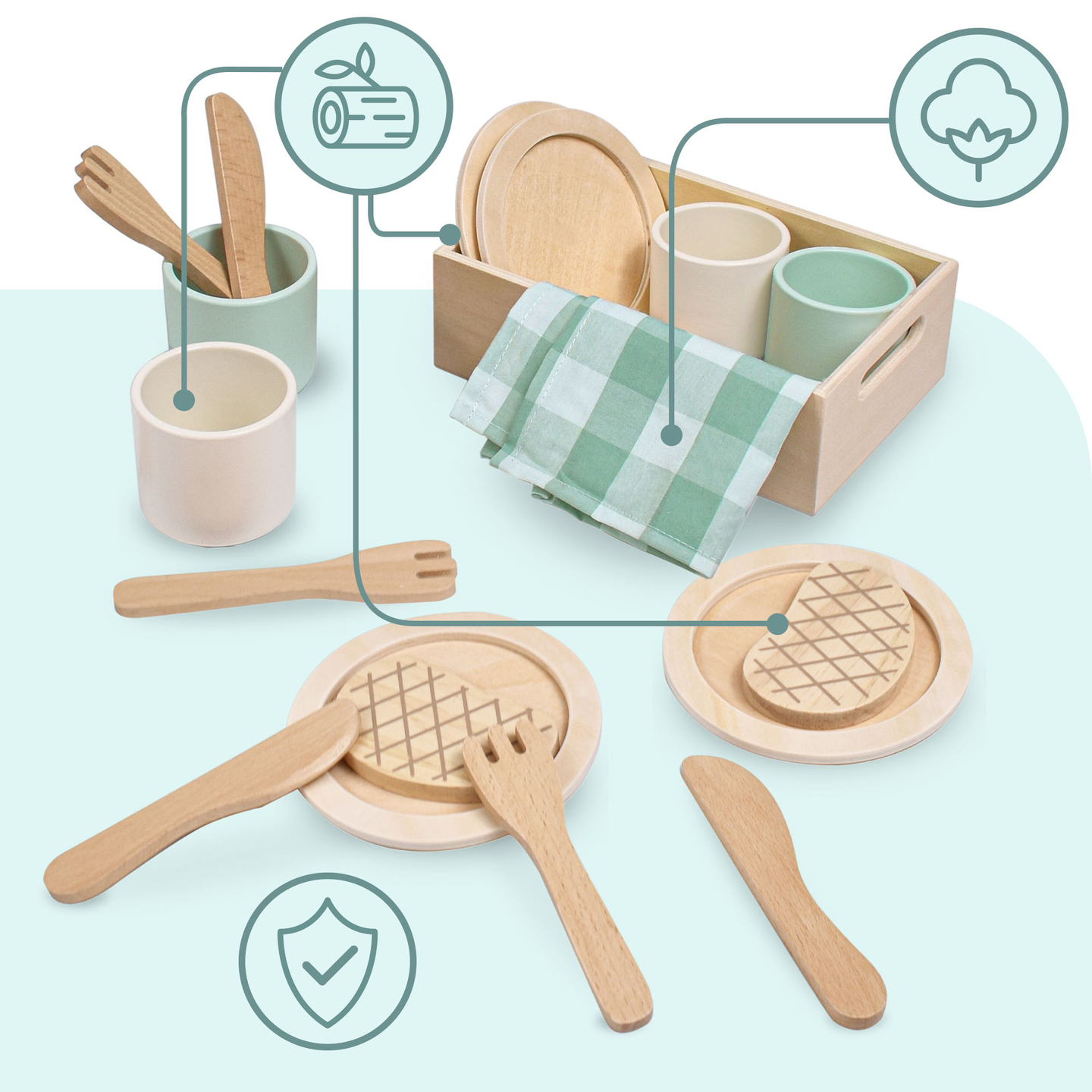Kinder-Lunch-Set aus Holz mit grünen Tischsets