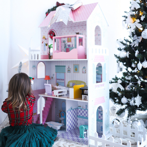 XXL Größtes Holzpuppenhaus - 123 cm - LED-Beleuchtung - Terrasse, Zubehör, Garten