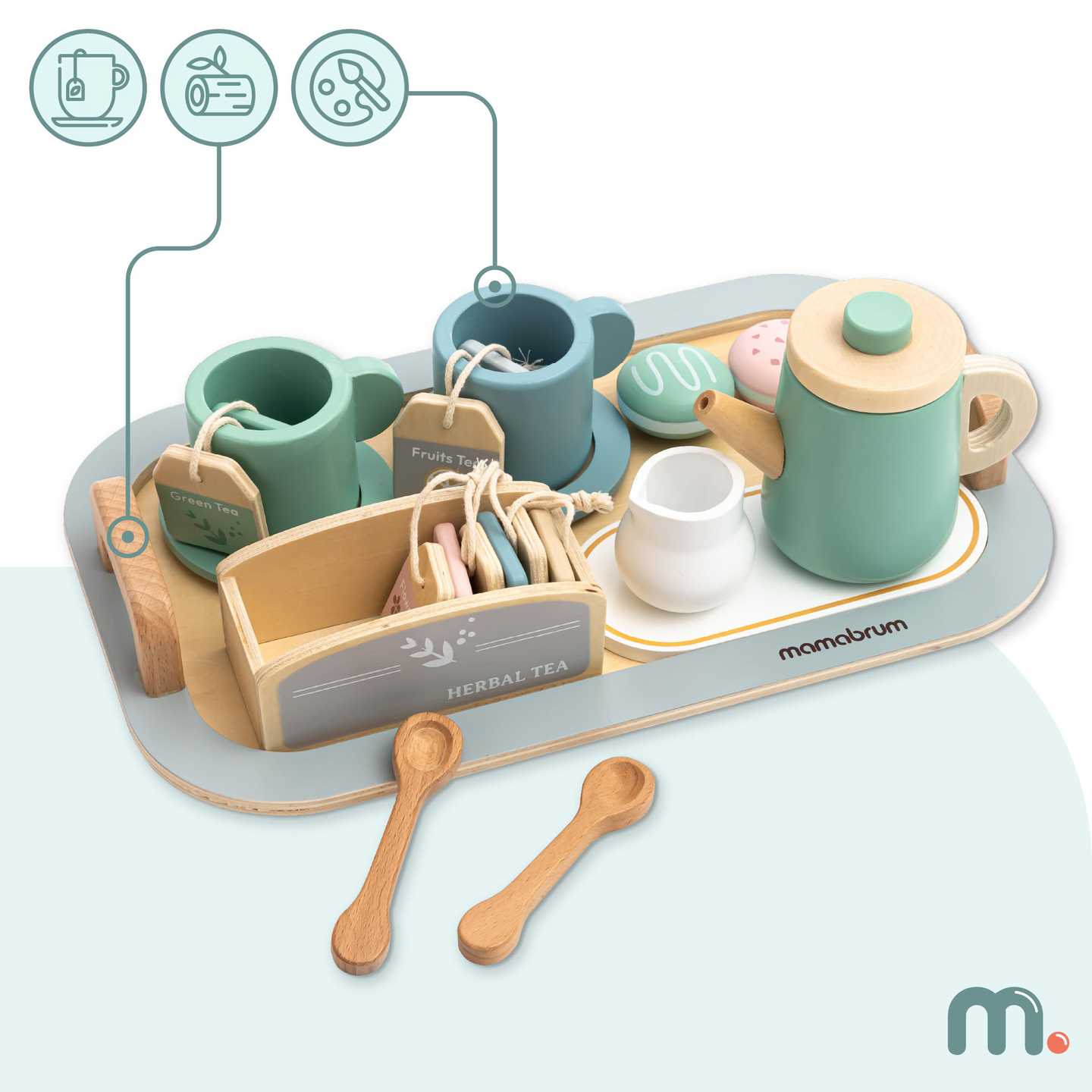 Großes Holzteeset mit Tablett - 18 Stück