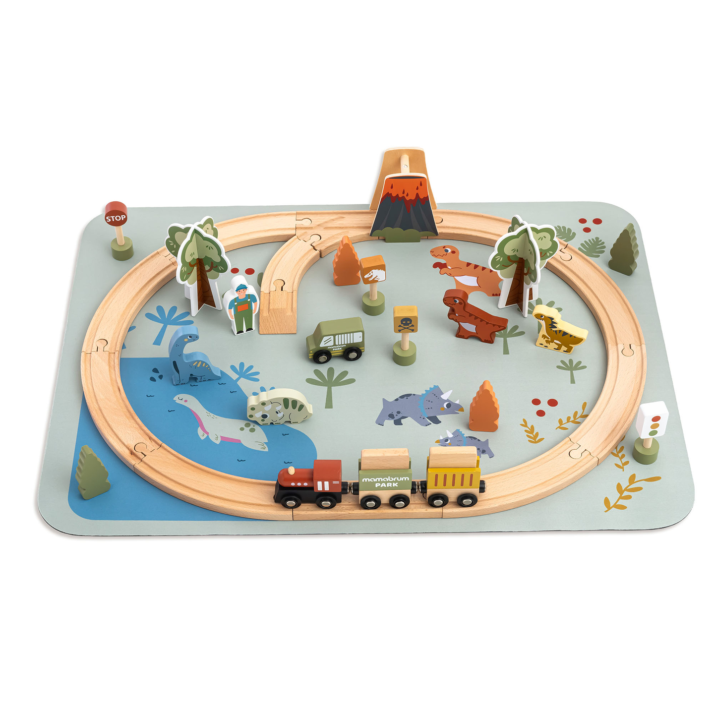Dino Park Holzeisenbahn mit Antirutschmatte - Dinosaurier, Zug, Gleise, Vulkan, Glocke