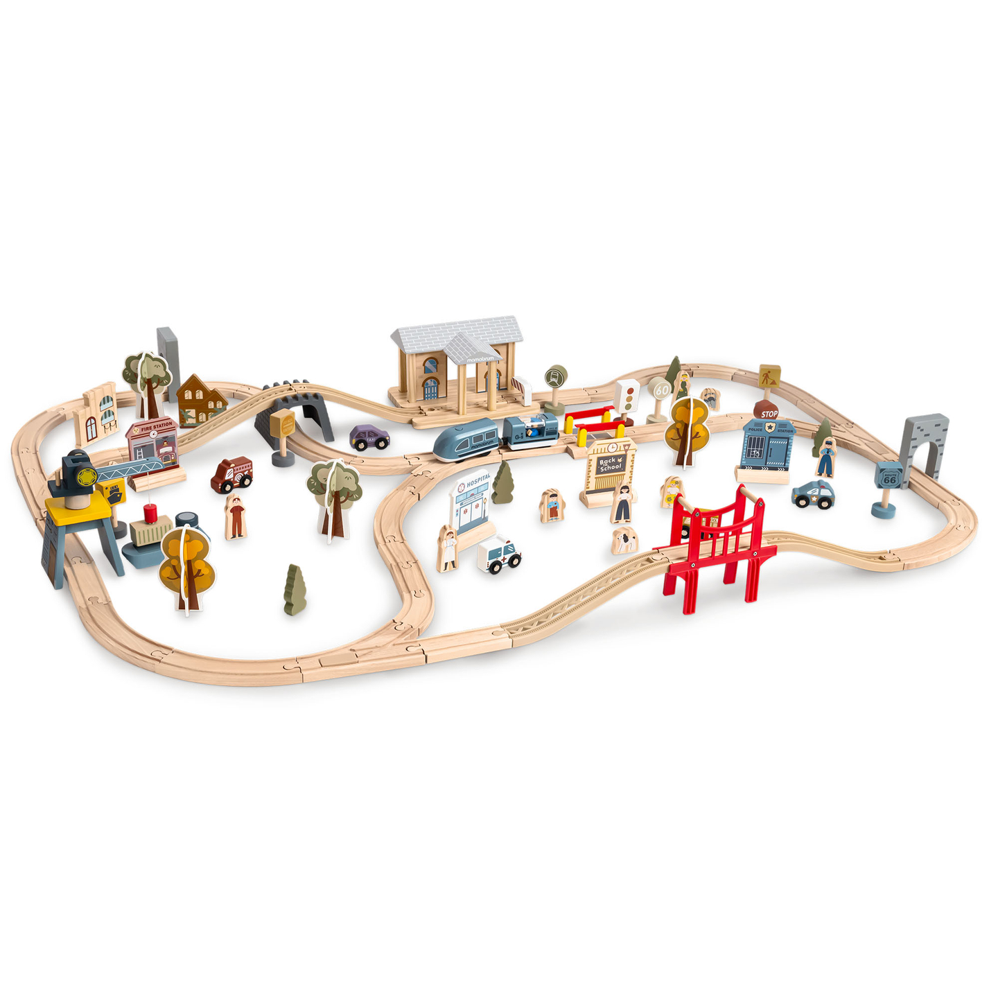 Hölzerne Stadteisenbahn mit elektrischer Lokomotive – beweglicher Kran, Schiff, Brücken