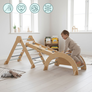 Indoor-Spielplatz aus Holz für Kinder – Kletterwand, Rutsche, Kletterbogen/-wippe und Pikler-Dreieck