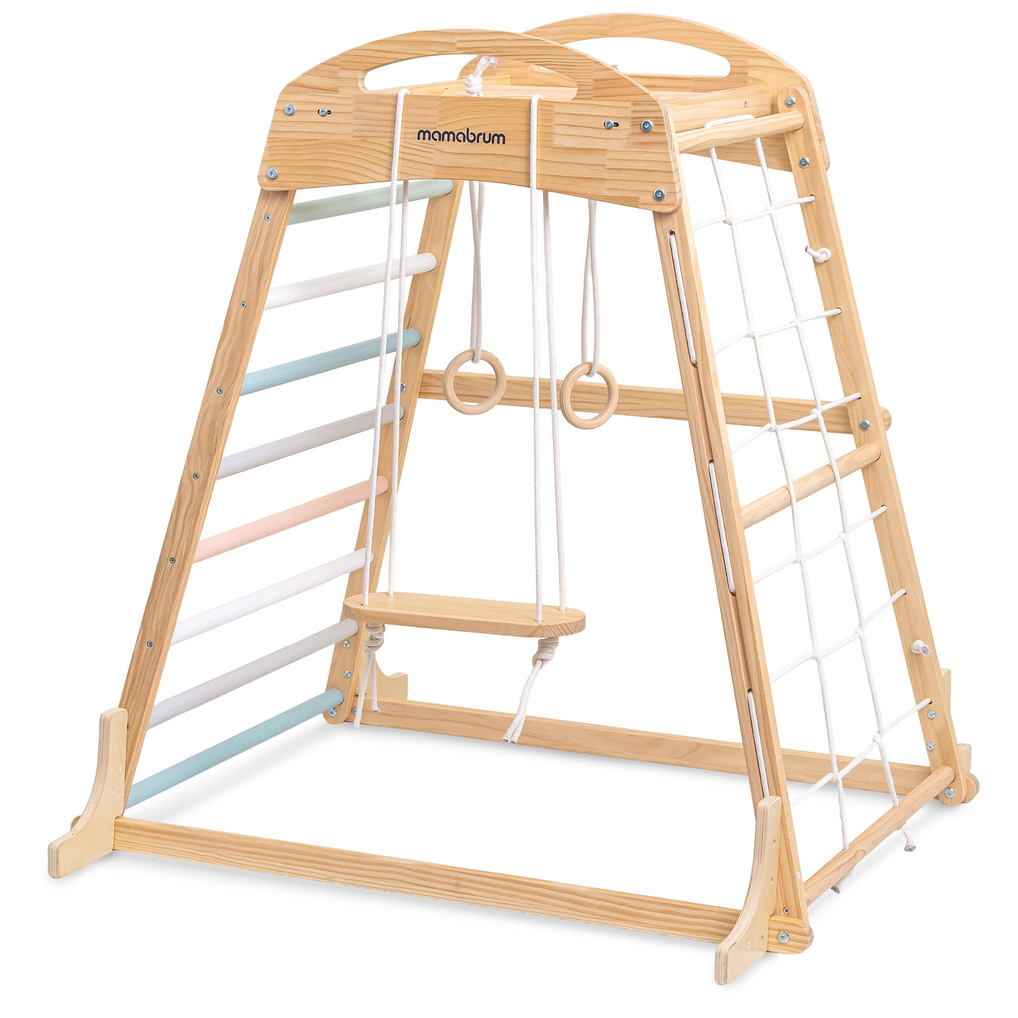 Indoor-Spielplatz aus Holz mit Schaukel, Turnringen und Kletternetz