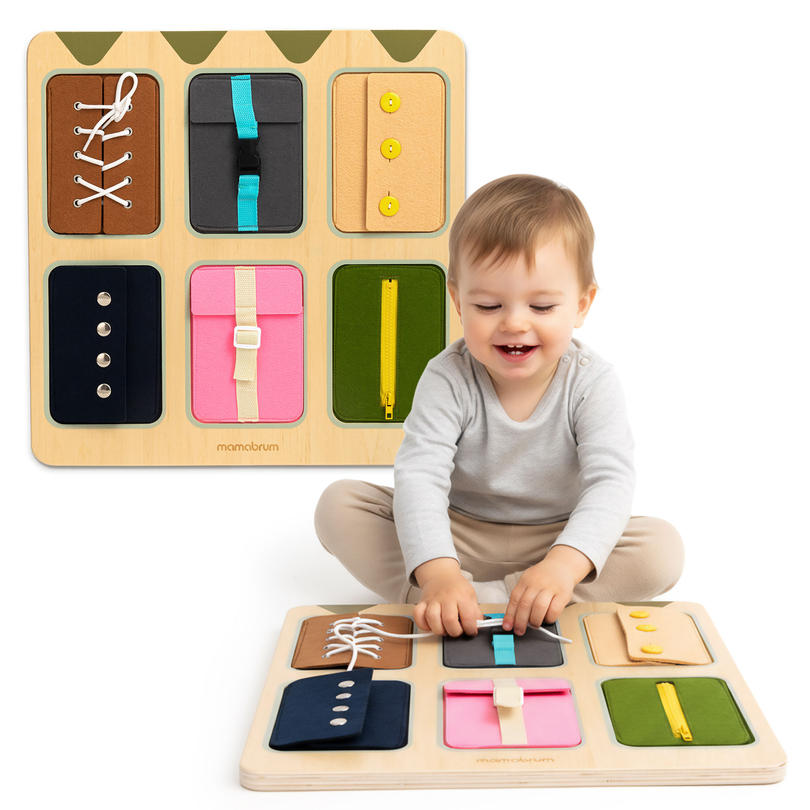 Montessori-Spielbrett aus Holz – Sinnesorientiertes Lernen zur Förderung der Selbstständigkeit – Schnürsenkel, Schnallen, Knöpfe, Druckknöpfe, Reißverschluss