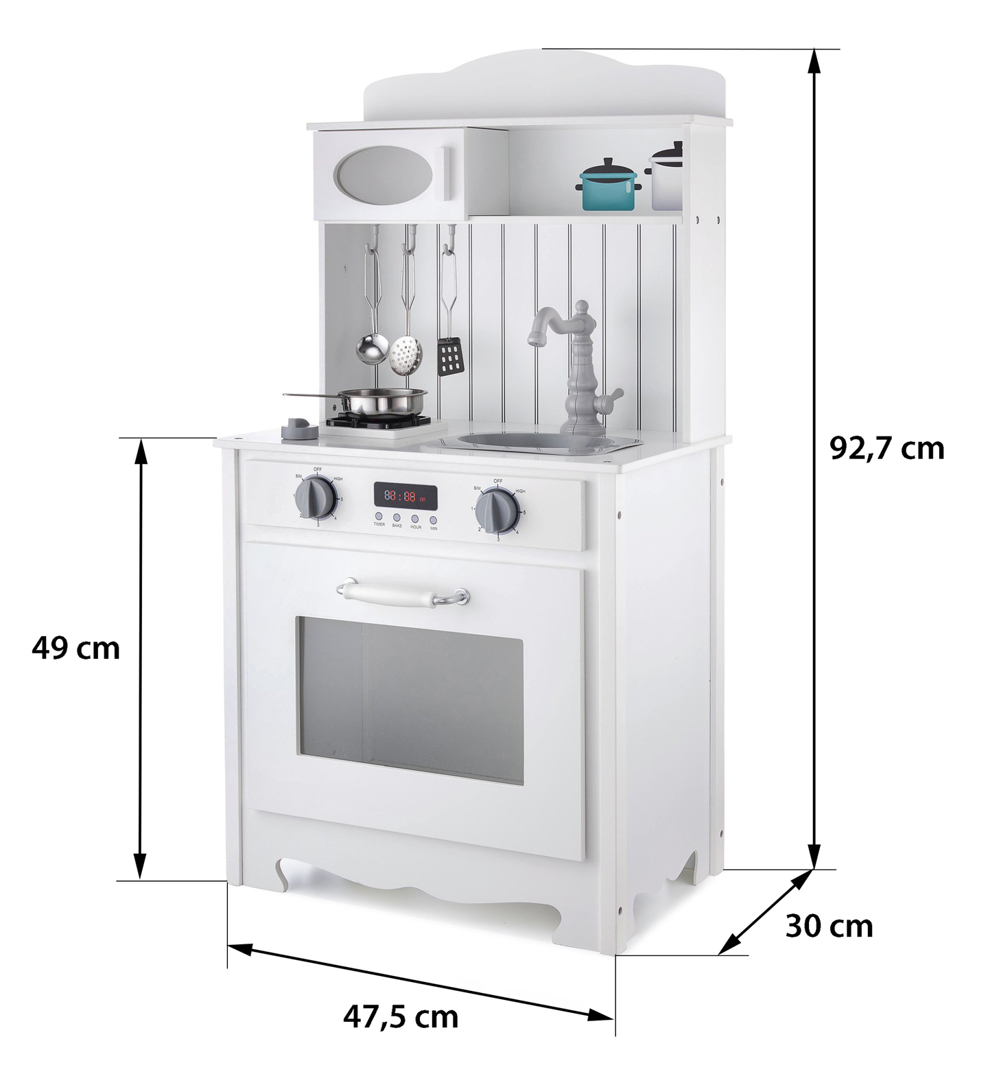 Weiße Holzküche mit Schürze, Zubehör und LED-Lampe