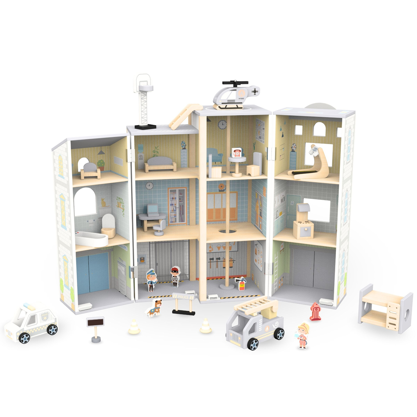 Große klappbare Feuerwache mit Polizeistation - Set aus Holz. Feuerwache und Polizeistation mit Zubehör.